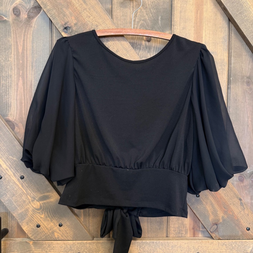 Mi Ami Lace Back Blouse Women XS Black Good Sheer Puff Sleeve Tie Back Crop Top